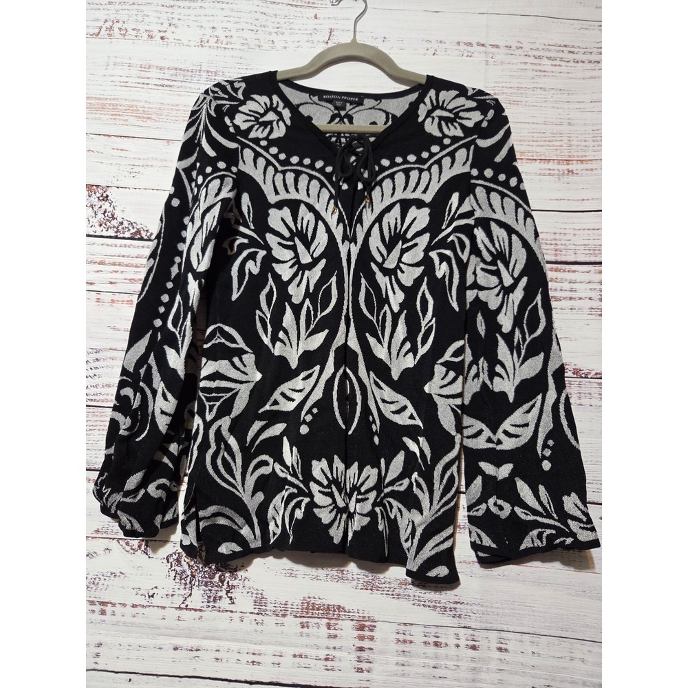 Boston Proper Womens Black White Floral Damask Lace Up V-Neck Bell Sleeve Top S